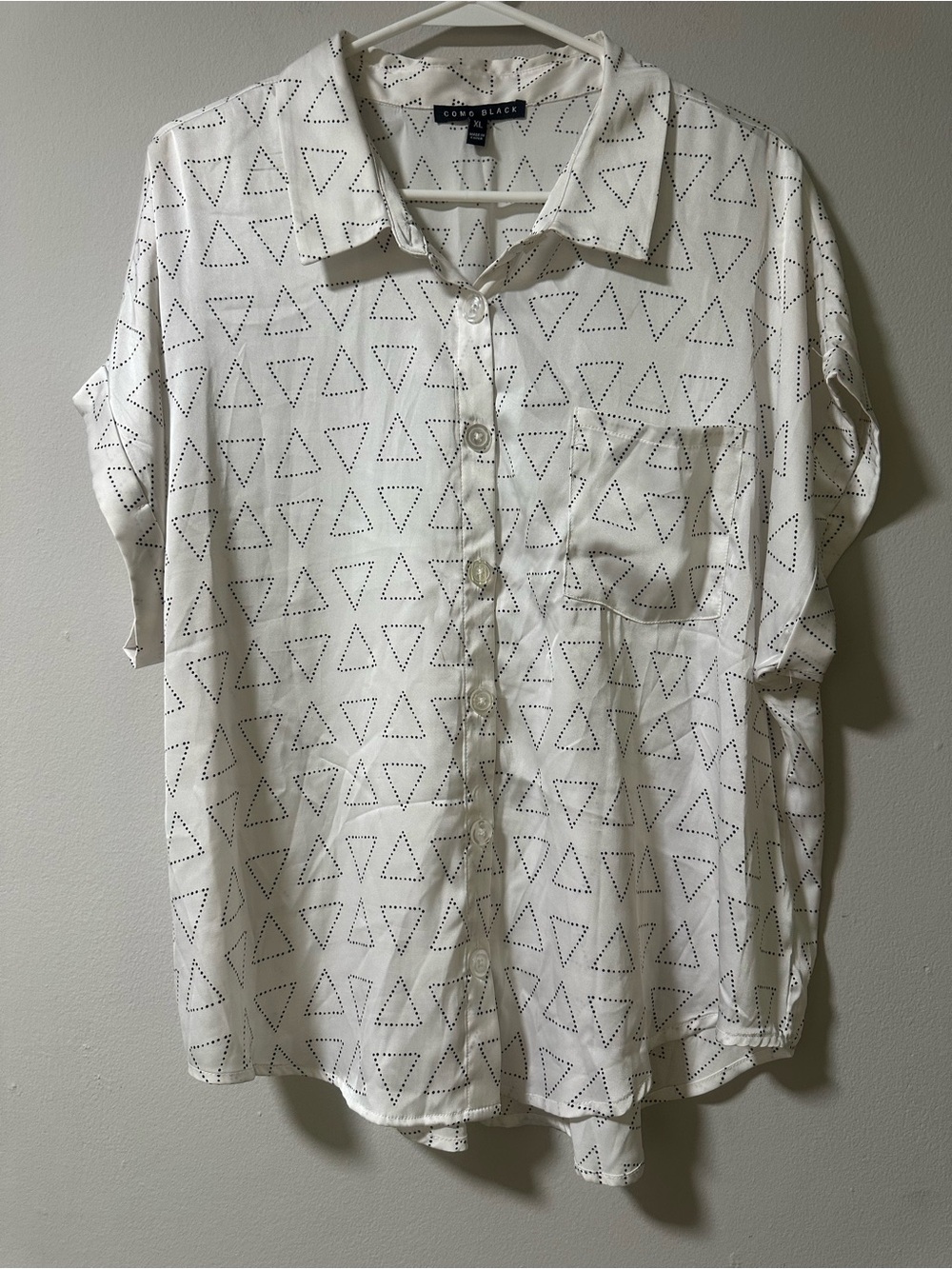 White Short-Sleeve Button-Down Shirt with Triangle Dot Print